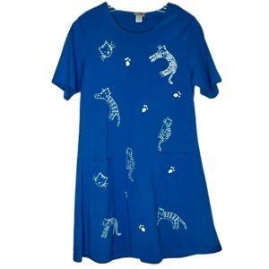 Cactus Cat Kitty Short Sleeved A-Line Cotton Dress - Blue & White - S